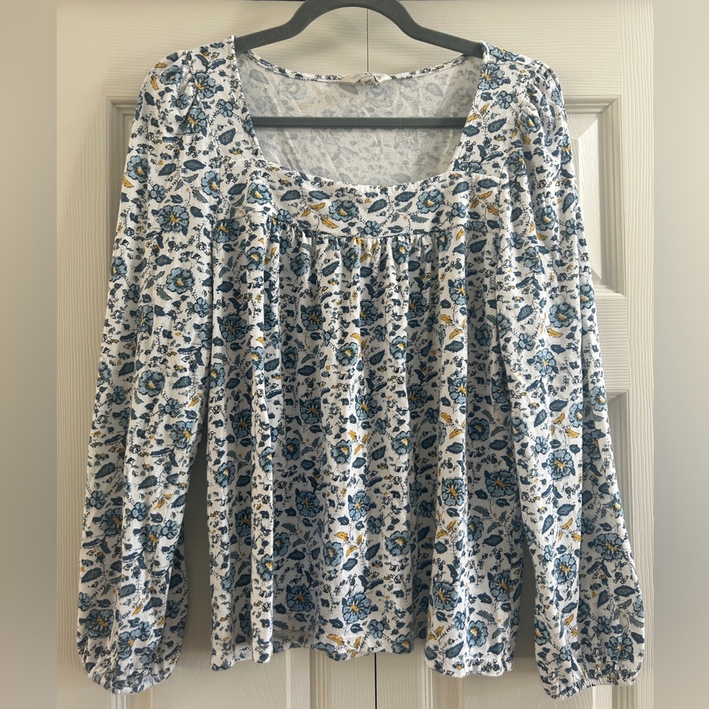 Lucky Brand Shirt Women’s Size M White Blue Floral Long Sleeve Cottage Core